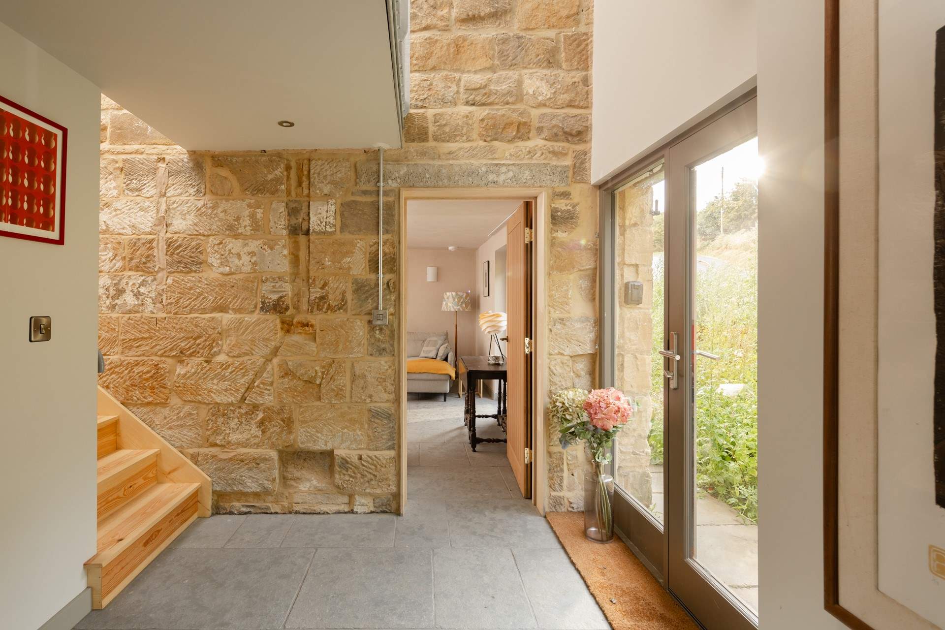 The original stonework matches well with the contemporary decor.