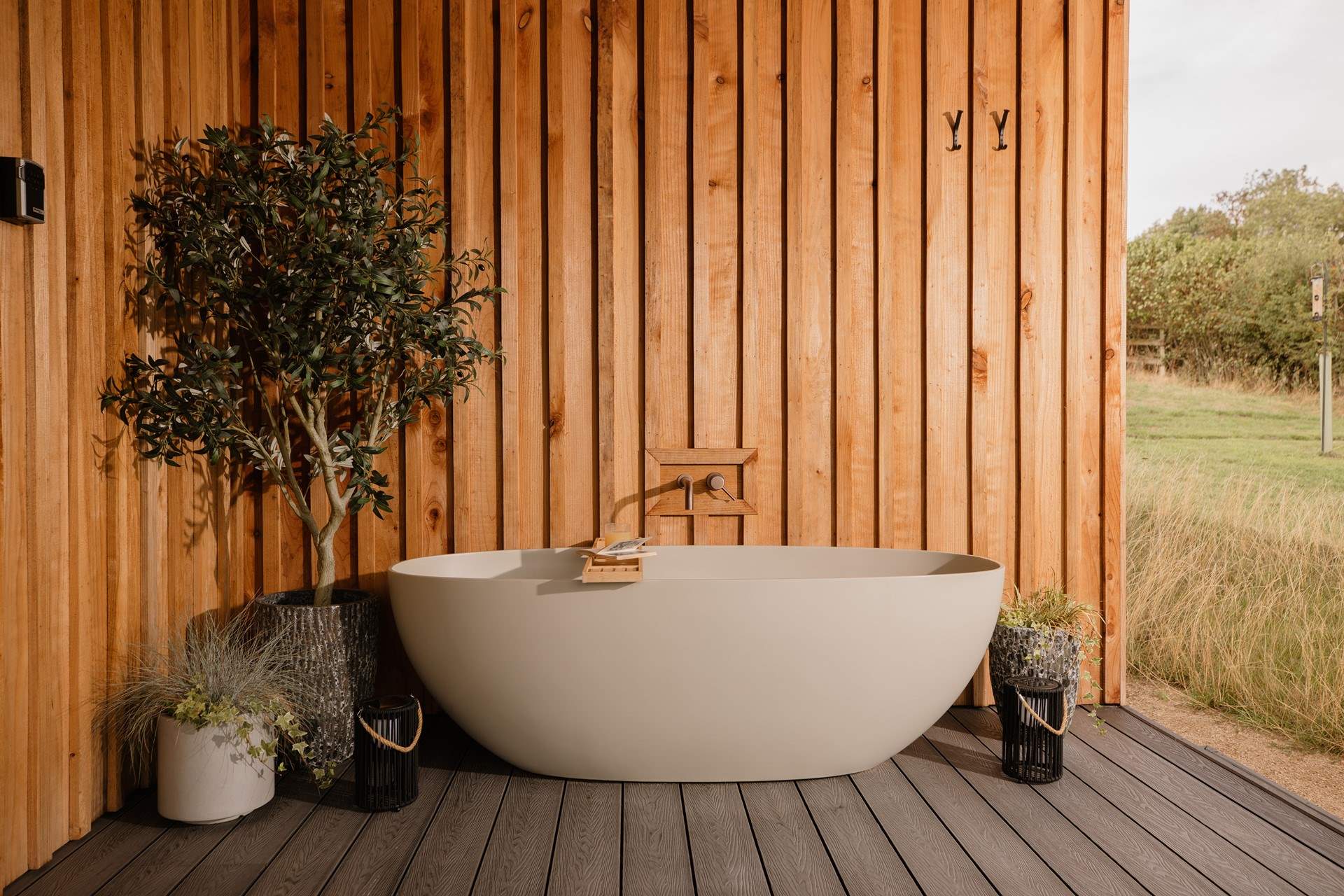 Sink into the beautiful stone outdoor bath, big enough for two.
