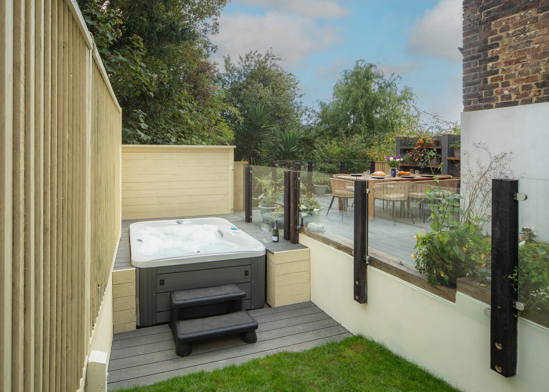 Enjoy a soak in the hot tub with some bubbles.
