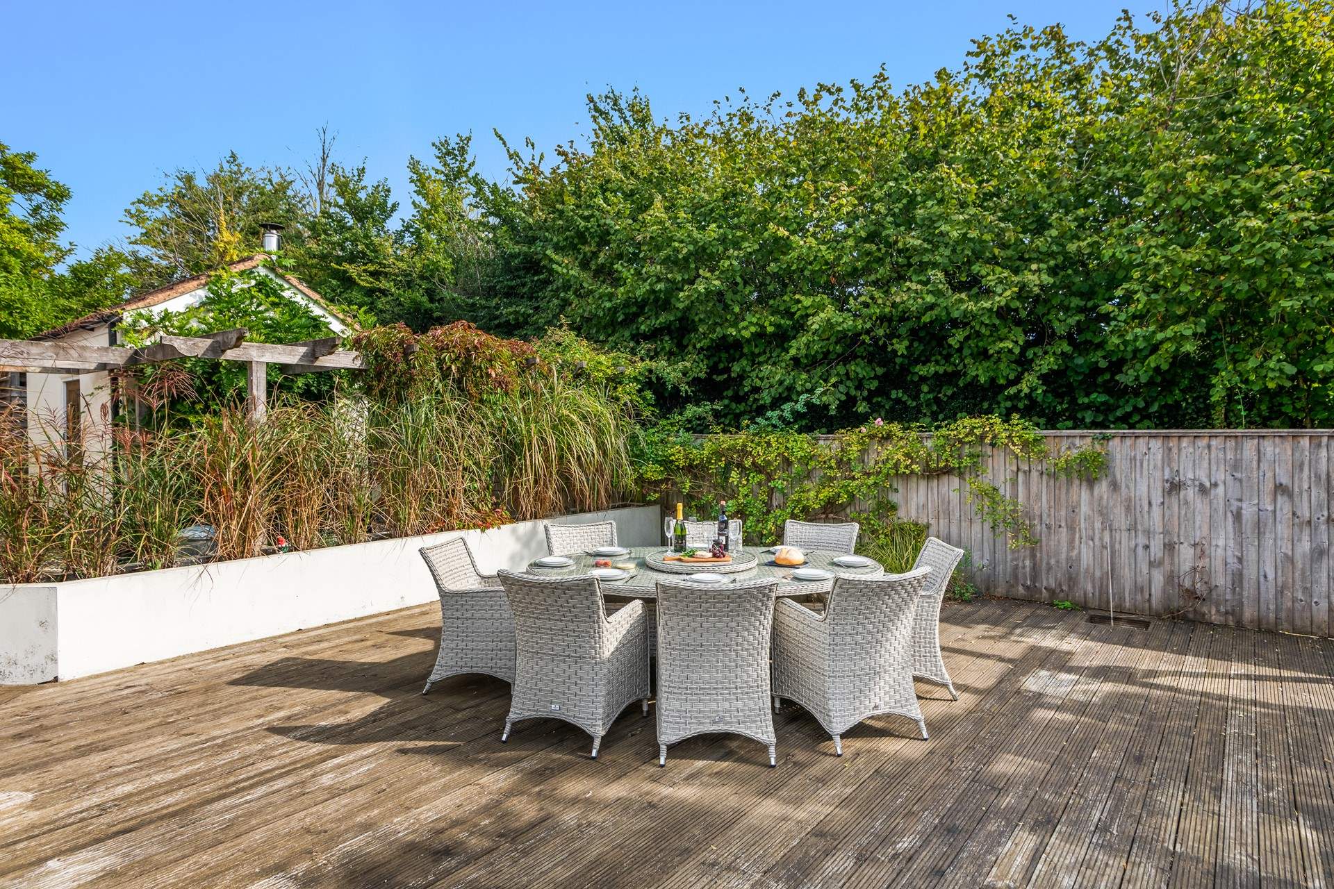 The large decking is perfect for dining al fresco.