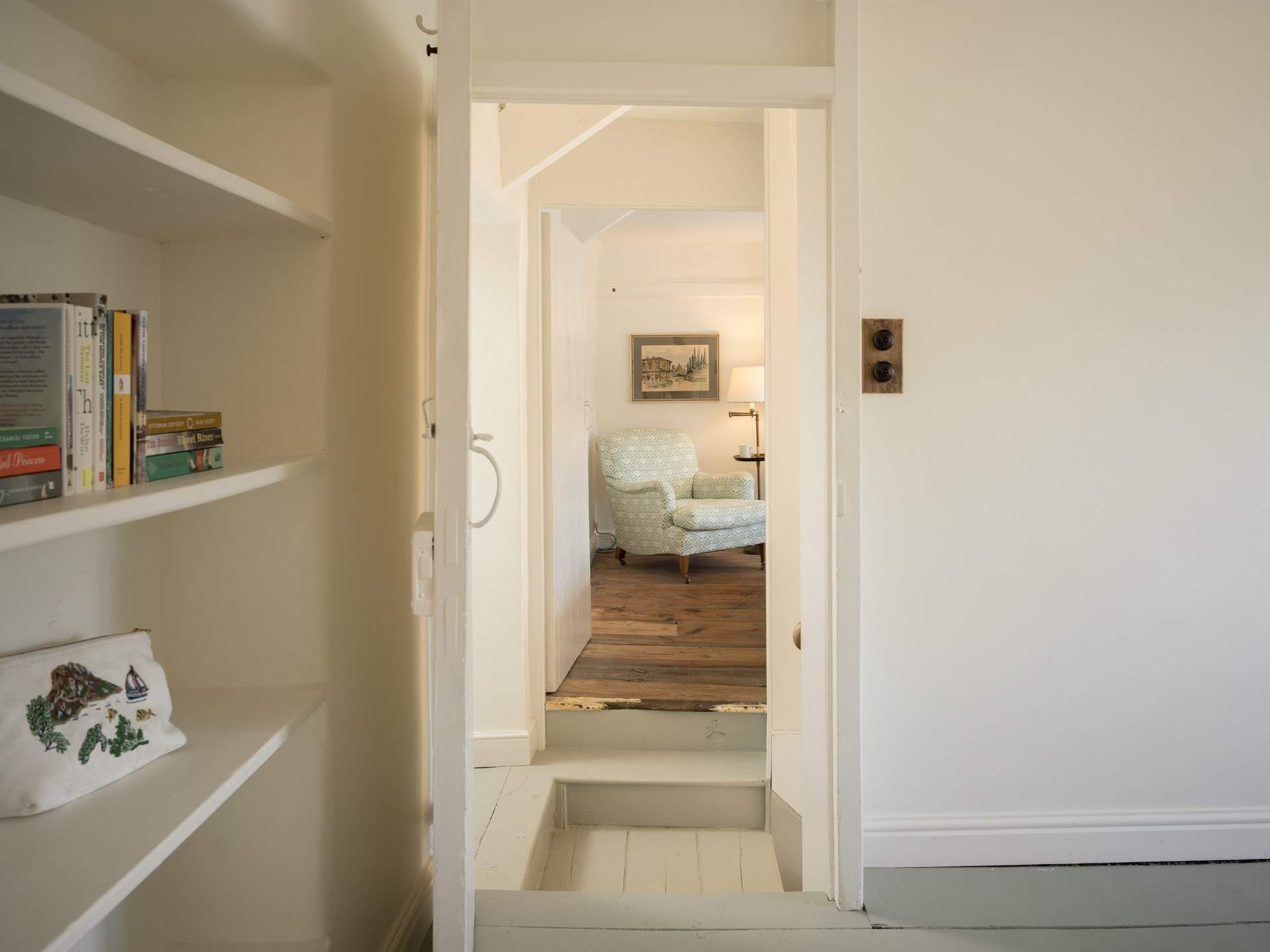 Step up and down between bedrooms.