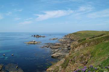 The South West Coast Path follows the coastline; this is at Lizard Point.