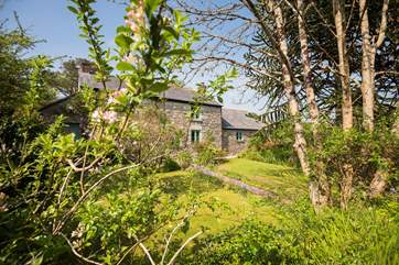 The cottage is set back from the quiet lane.
