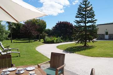 The view from the patio across the beautiful, spacious garden.