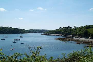 A view of the Helford River from Durgan, showing Trebah Garden's beach in the distance on the right.