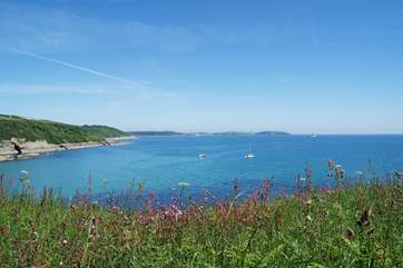 Looking across Falmouth Bay from the coastal footpath above Maenporth.