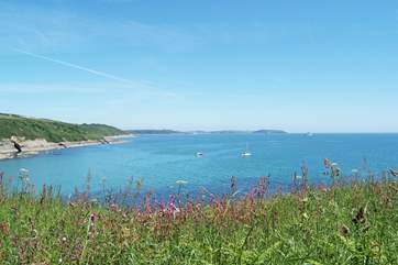 Looking across Falmouth Bay from the coastal footpath at Maenporth.