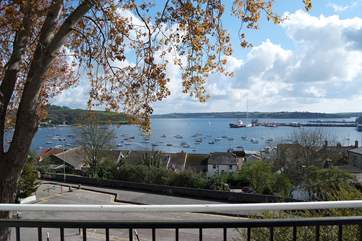 The view over Falmouth harbour from the wide balcony that runs along the front of the cottage.