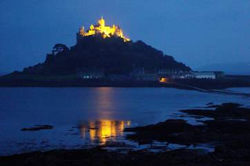 The view of St Michael's Mount from the cottage at night.