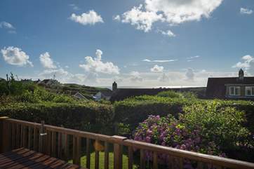 The wonderful view towards the sea from the back garden's raised deck.