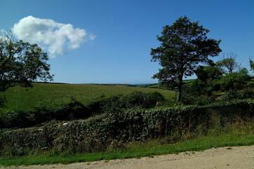The view across the countryside from the window by the dining-table.