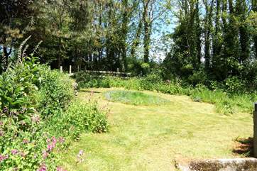 The lawn behind the cottage slopes up towards the surrounding trees.