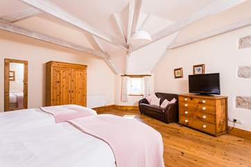 This super spacious bedroom is on the same level as the open plan living-room with a bathroom next door.