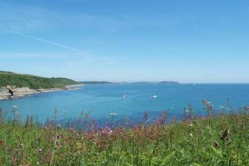 Looking across Falmouth Bay from the cliffs at Maenporth.