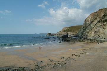 Trevaunance Cove with the tide going out.