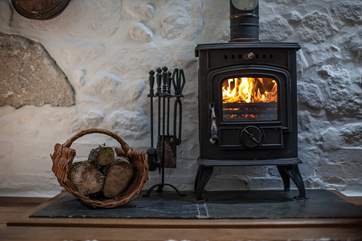 The living area boasts a roaring wood-burner.
