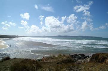 Looking in the other direction from Godrevy, along Gwithian beach towards St Ives in the distance.