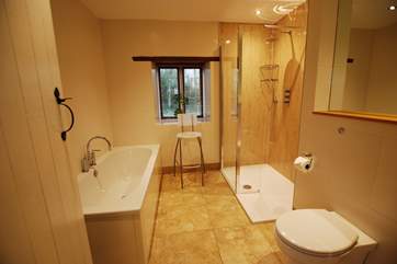 The bathroom has a luxury shower.