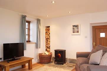 The sitting-area where plenty of logs for the wood-burner are provided.