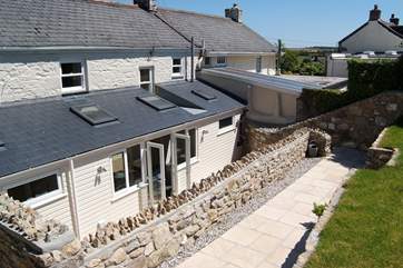 Even looking down from the lawn, the patio is almost out of sight!