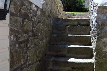 From the parking-area a flight of stone steps leads from outside the back door up to the back garden.