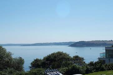 Looking west over Falmouth Bay towards the Lizard peninsula in the distance.