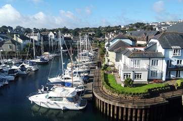 Looking down from the terrace at the boats moored below.