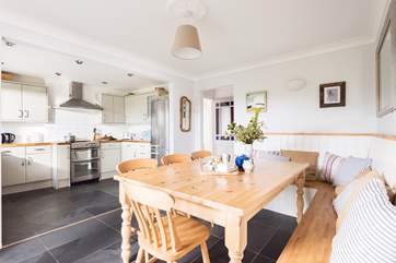 The kitchen is beautifully styled and very well-equipped. Please note that there is a very small change in floor level between the dining-area and the kitchen.