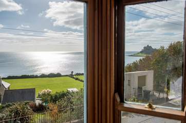 The view across the road to St Michael's Mount and Mounts Bay.