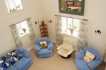 Looking down to the main sitting-room from the mezzanine level.