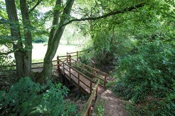 The wooden steps lead from the glamping site down to the lower meadow, lake and network of footpaths beyond.