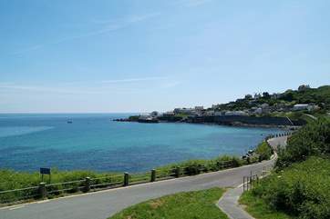 The view of Coverack bay as you enter the village from the Lizard.
