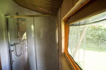 The en suite double-size shower with plenty of hot water.