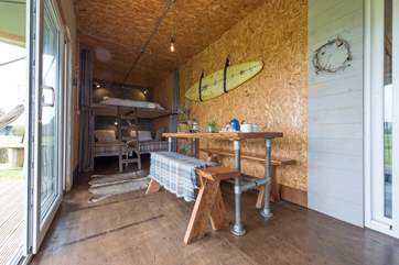 Looking towards the unique dining and bedroom-areas.