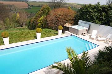 Looking at the pool and hot tub from the balcony.