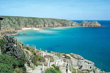 This is Porthcurno, where you can book tickets and experience the famous open-air theatre (The Minack).