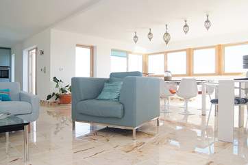 Under-floor heating warms the limestone and marble floors.