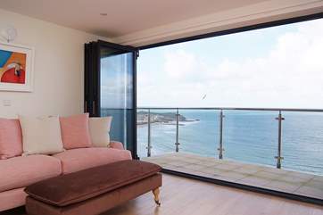 The balcony looks out over the bay.