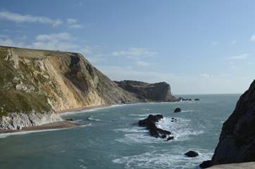 The spectacular World Heritage Jurassic Coast, between Lulworth Cove and Durdle Door.