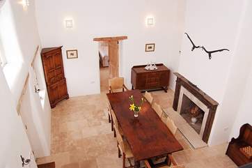 A bird's eye view of the great hall from the gallery at the top of the stairs.