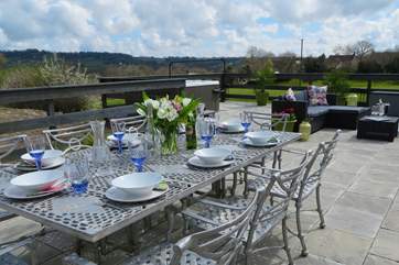 The Cow Shed has a huge terrace with panoramic views, seating for eating al fresco, lounging, and of course the hot tub! There is a new style table and chairs - photo following shortly.