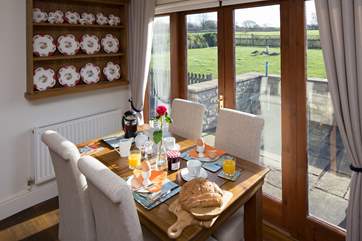 The French doors allow the light to flood in.
