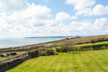 Looking across the grounds of Sea Garden House towards St Michael's Mount in the distance.