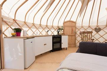 The kitchen area has all you need to cook up a glamping culinary delight.