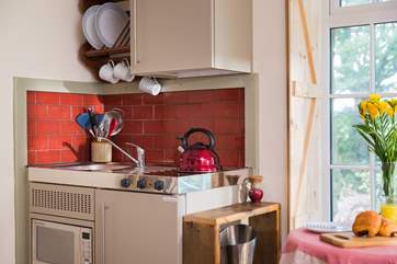 The elfin kitchen has two electric rings, a combination microwave oven and a fridge with an ice compartment.