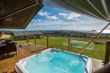 The fabulous Mount View Horizon Safari Tent enjoying spectacular views of countryside and sea.