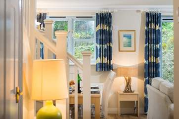 Beautiful fabrics in relaxing colours can be found in all rooms of the cottage.