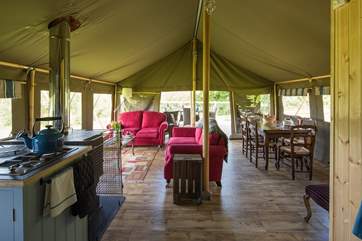 This spacious safari tent has a French theme.
