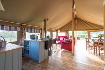 This spacious safari tent has a French theme.