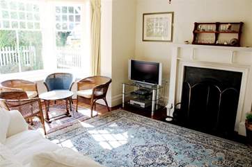 Living room with open fireplace